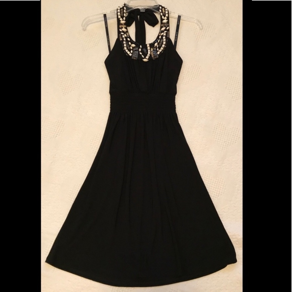 Elegant halter style A-line black cocktail party dress with detailed neckline
